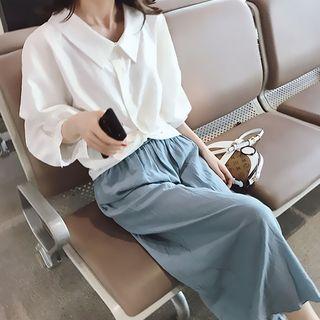 Set: Elbow-sleeve Shirt + Plain Wide-leg Pants