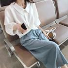 Set: Elbow-sleeve Shirt + Plain Wide-leg Pants