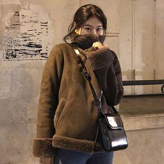 Faux Fur Trim Biker Jacket Coffee - One Size