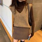 Set: Plain Long-sleeve T-shirt + Knit Vest + -a-line Skirt