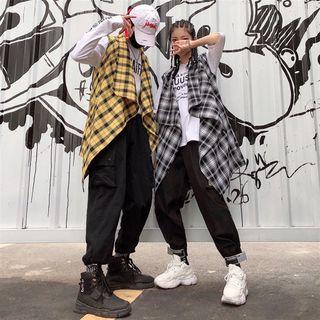 Plaid Open-front Sleeveless Long Top