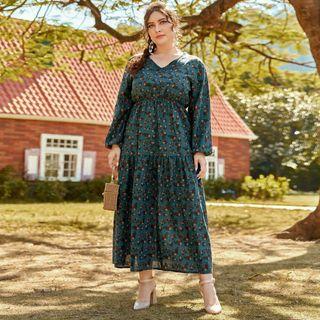Plus Size Long-sleeve Floral Maxi A-line Dress