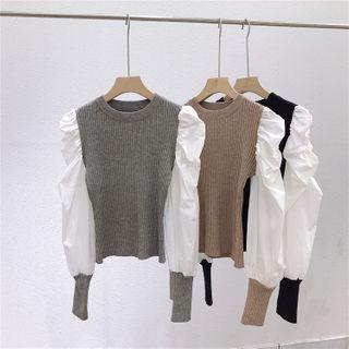 Lantern-sleeve Two-tone Knit Top