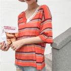 Striped 3/4 Sleeve Knit T-shirt