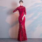 Elbow-sleeve Lace Mermaid Evening Gown