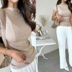 Mock-neck Cap-sleeve Top Beige - One Size