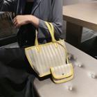 Set: Contrast-trim Striped Tote Bag + Pouch