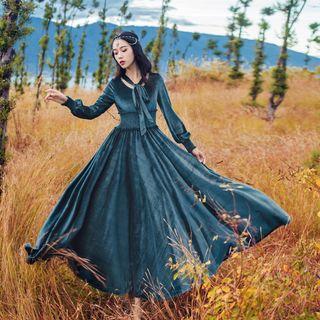 Velvet Bow Accent Long-sleeve Midi A-line Dress