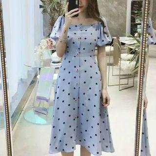Square-neck Dotted Short-sleeve A-line Dress