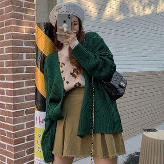 Plain Cardigan / Leopard Print Sweater Vest / Mini Skirt