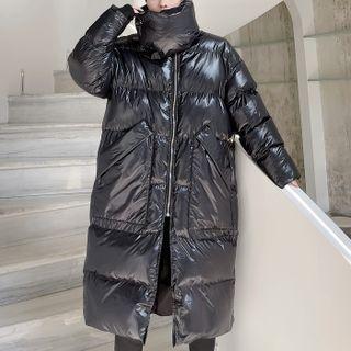 Stand-collar Wet-look Padded Long Coat