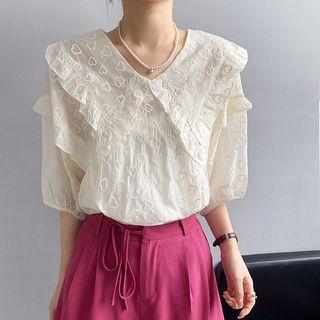 Balloon-sleeve Collar Embroidered Blouse
