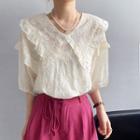 Balloon-sleeve Collar Embroidered Blouse
