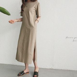 Pocket-side Linen Blend Long Shift Dress