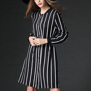 Long-sleeve Drawstring Striped Dress