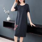Short-sleeve Flower Embroidered Midi Shift Dress