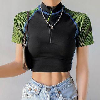 Striped Color Block Raglan Short Sleeve Zip-up Crop Top