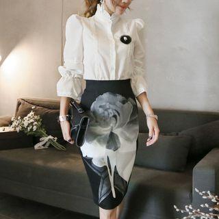 Set: Long-sleeve Paneled Blouse + Printed Pencil Skirt