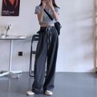 Short-sleeve Leopard Drawstring Cropped Top / High-waist Wide Leg Pants