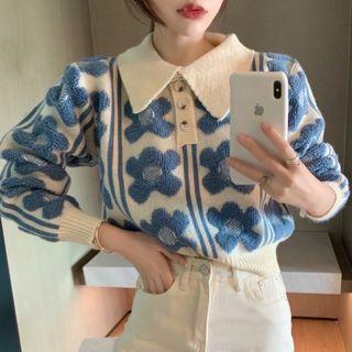 Lapel Flower Pattern Long-sleeve Knit Top