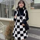 Sleeveless Checkerboard Chenille Mini Dress Black & White - One Size