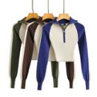 Long Sleeve Color-block Zip-detail Ribbed-knit Sweater