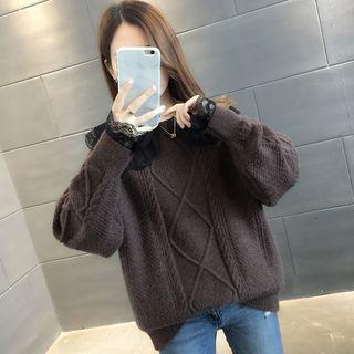 Set: Long-sleeve Lace Top + Cable-knit Sweater