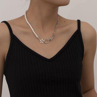 Lettering Faux Pearl Necklace 3447 - Silver - One Size