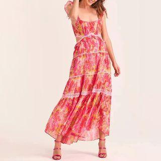 Spaghetti Strap Floral Lace Trim Maxi Smock Dress
