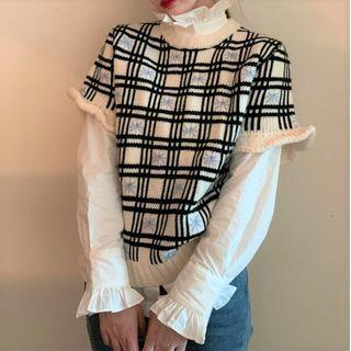 Floral Plaid Sweater / Plain Ruffle Trim Blouse