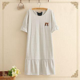 Cat Embroidered Striped A-line Dress