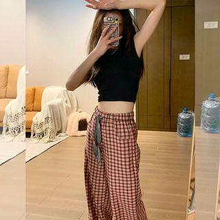 Cap Sleeve Plain Cropped T-shirt / Drawstring Waist Plaid Straight Leg Pants
