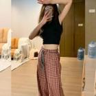Cap Sleeve Plain Cropped T-shirt / Drawstring Waist Plaid Straight Leg Pants