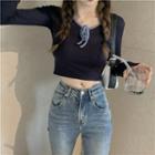 Lace-up Contrast Trim Long-sleeve Cropped T-shirt Blue - One Size