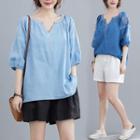 Elbow-sleeve Embroidered Denim Blouse