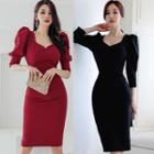 3/4-sleeve Cutout-back Midi Bodycon Dress