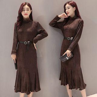 High Neck Long-sleeve A-line Midi Dress