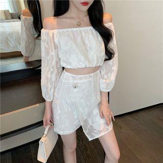 Set: 3/4-sleeve Off-shoulder Crop Top + Mini Skort