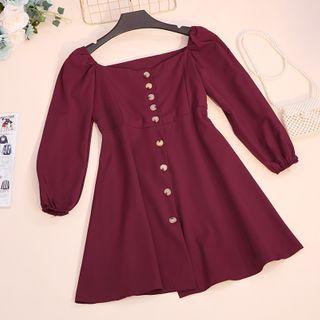 Short-sleeve Square-neck Button Mini A-line Dress
