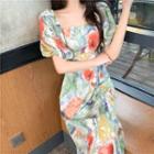 Puff-sleeve High-waist Tie Dye Dress