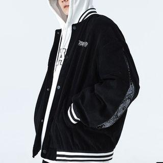 Paisley Print Trim Corduroy Baseball Jacket