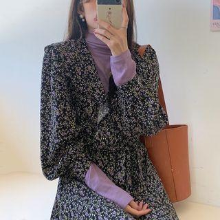Turtleneck Long-sleeve T-shirt / Flower Print Puff-sleeve Midi Shift Dress