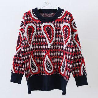 Long-sleeve Pattern Sweater Red - One Size