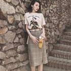 Set: Printed Short Sleeve T-shirt + Plaid Midi Skirt