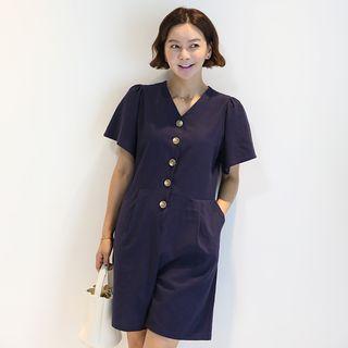 V-neck Button-detail Playsuit Navy Blue - One Size