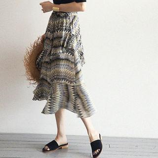Ruffle-trim Patterned Midi A-line Skirt