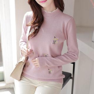Scallop-neckline Floral-embroidered Knit Top