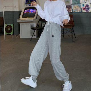 Plain Long-sleeve T-shirt / Letter Embroidered Drawstring Cropped Harem Pants