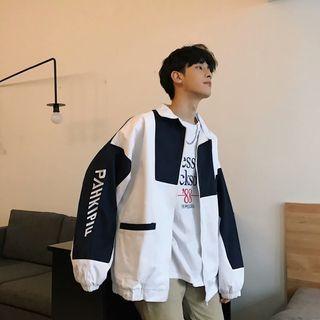 Two Tone Letter Pocket Zip Oversize Jacket