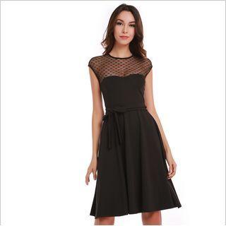Sleeveless Dotted Mesh Panel A-line Dress